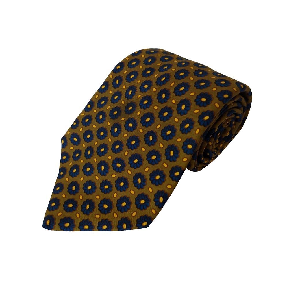 KITON Napoli Seven Fold Silk Tie Handmade Luxury‎ Blue & Bronze Floral Medallion